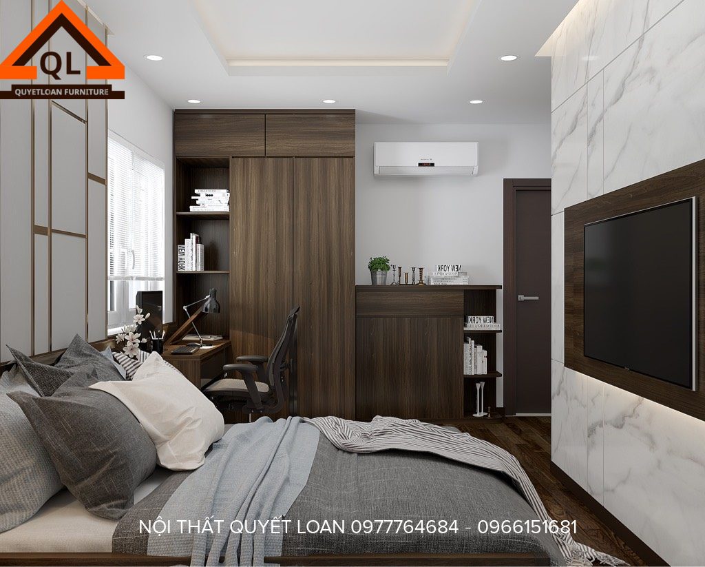 Nội thất căn 2 phòng ngủ hiện đại 12 Kệ tivi treo tường kết hợp vách nhựa giả đá sang trọng