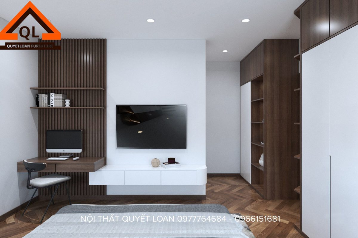 Nội thất căn 2 phòng ngủ hiện đại 6 bàn làm việc kết hợp kệ tivi treo tường