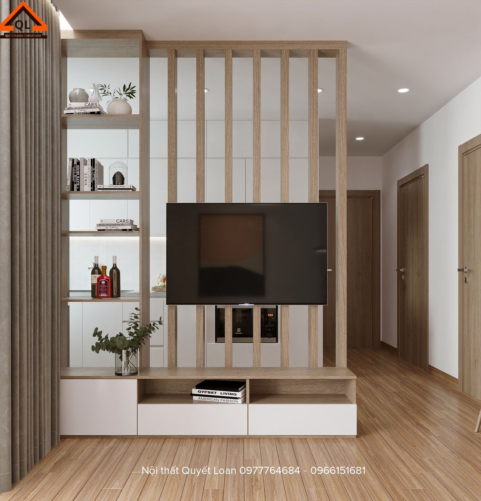 Kệ tivi phòng khách kết hợp vách trang trí