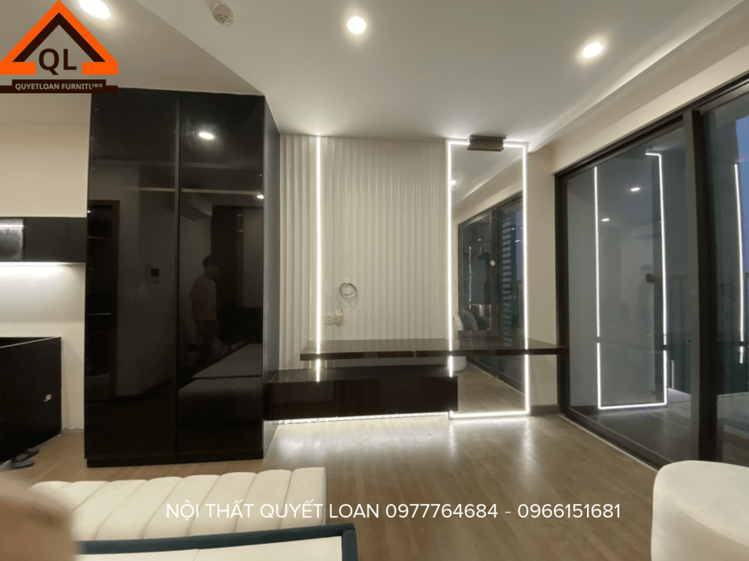 Căn hộ studio với gam màu chủ đạo là xanh, trắng