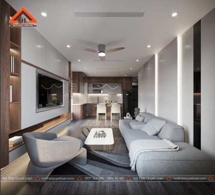 Nội Thất Phòng Khách Liền Bếp - Tông Màu Tối Giản - CB02 14 Thiết Kế phòng khách liền bếp hiện đại